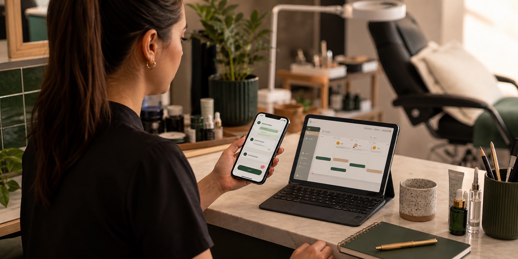 Dueña revisando citas, recordatorios y pagos desde su estudio
